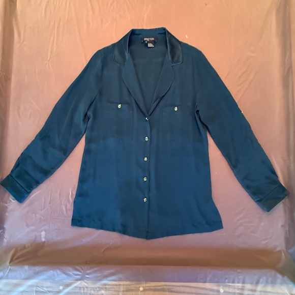 Etcetera by Carlisle Teal 100% Silk Button-Up Blouse Size 10/Medium MSRP $298 - Picture 6 of 13